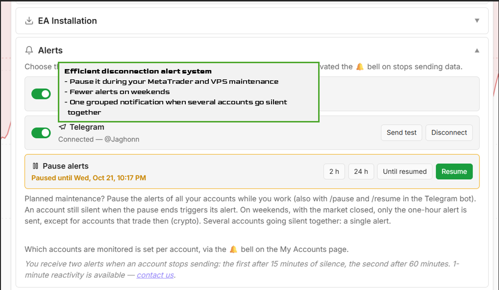 Pausing disconnection alerts in the profile